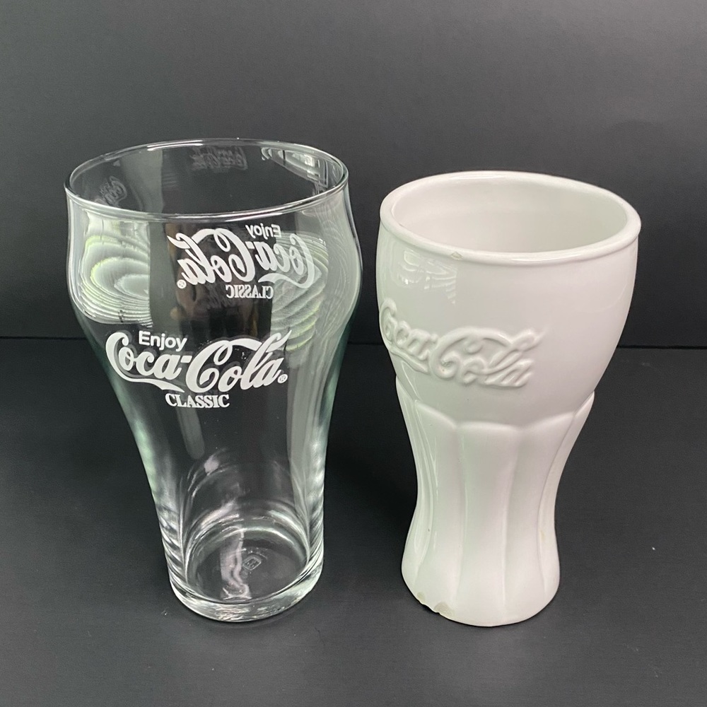 2 Vintage coke cola Big 16oz. /White 12oz. Ceramic/ Glass Cups - Good Condition